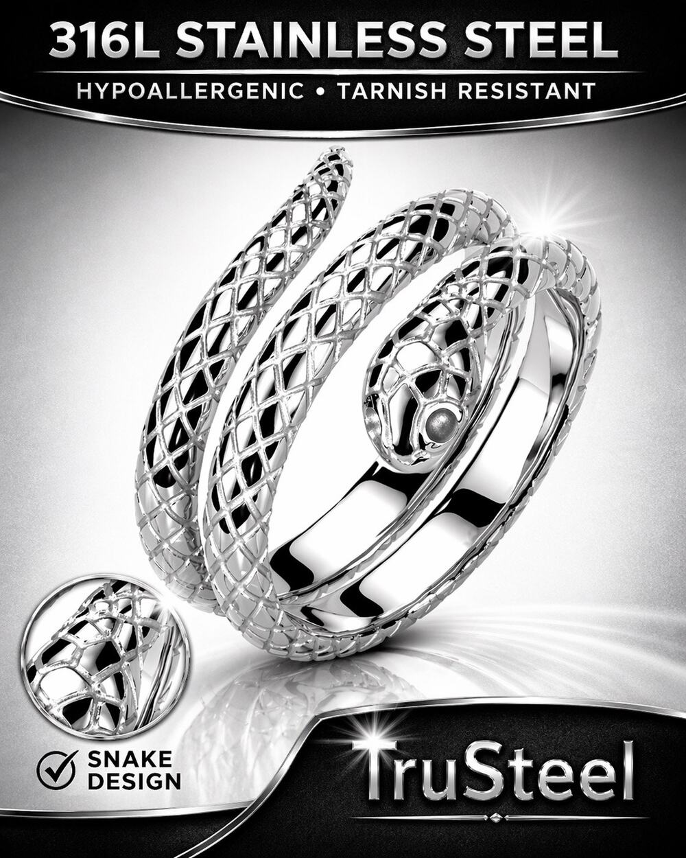 Women’s 316L Stainless Steel silver Wrap Around Snake hypoallergenic Ring 9
